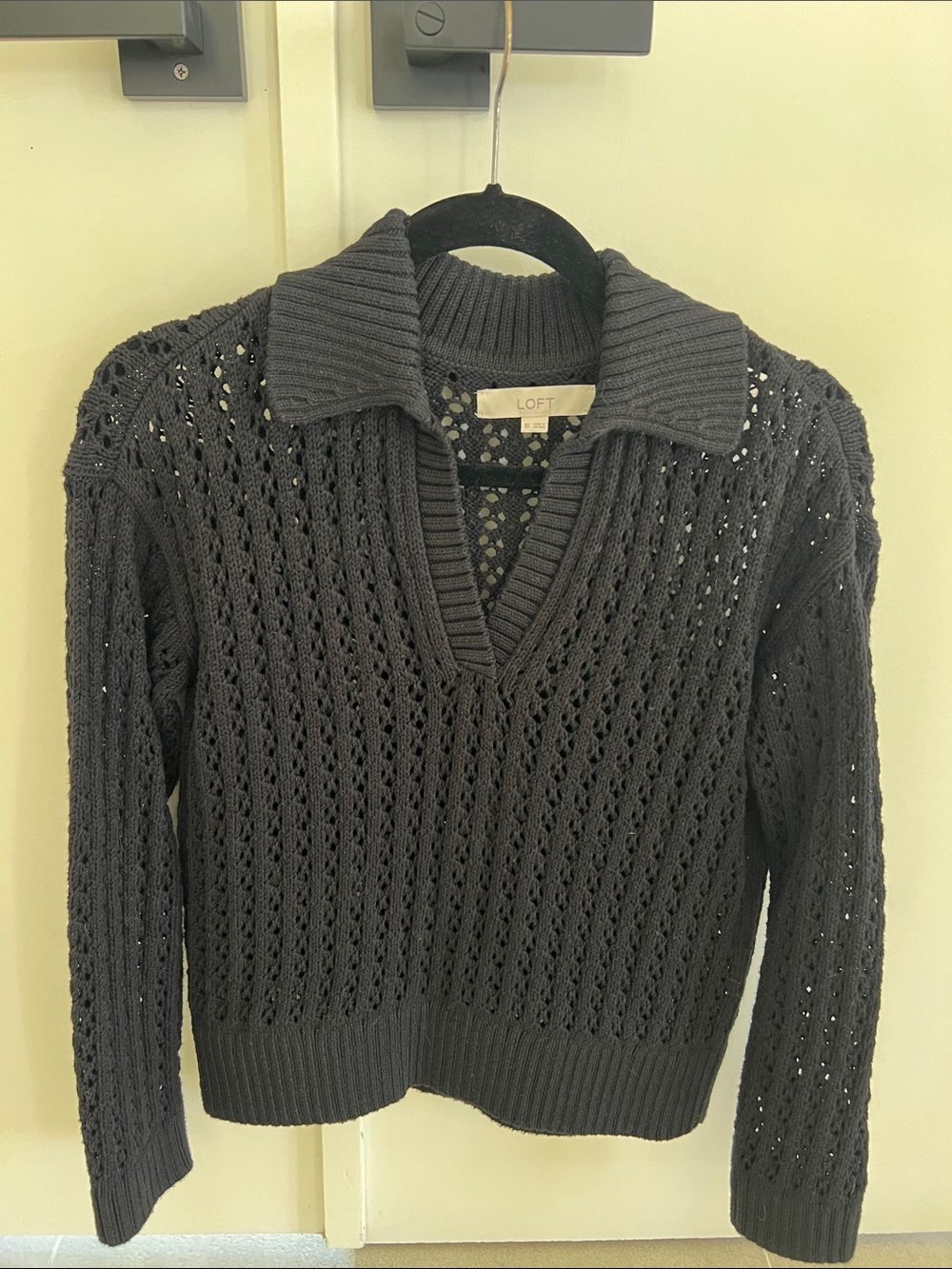 LOFT Black V-Neck Open-Knit Collared Sweater